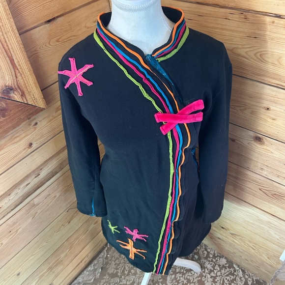Vintage Black Boho Hippy Jacket Coat Festival Artsy Funky Asian Cotton Sz Large - Picture 3 of 14